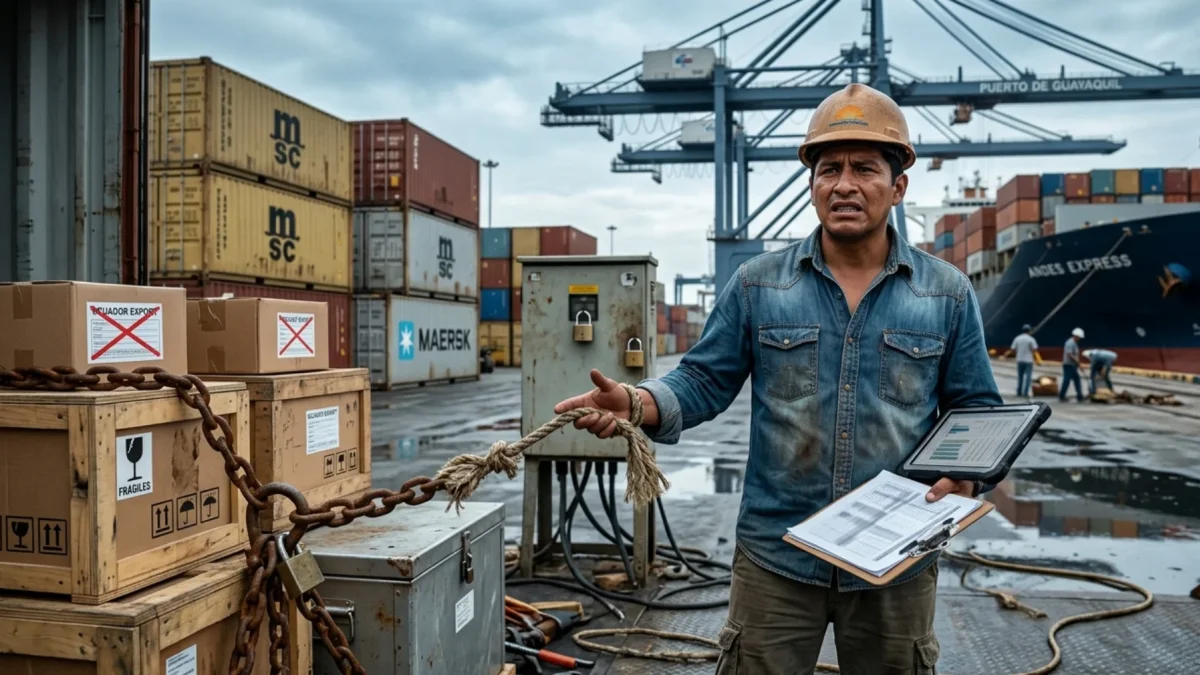 Un exportador ecuatoriano en un puerto logístico simboliza la lucha entre la apertura a mercados globales y las limitaciones internas.