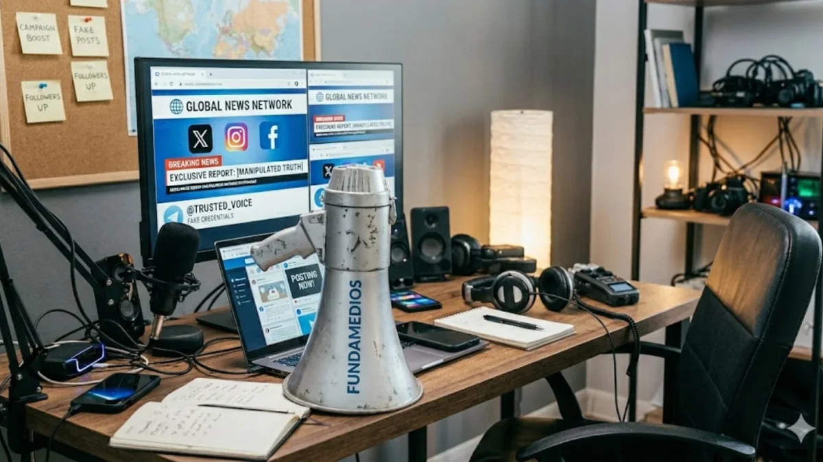 Imagen simbólica del anuncio de la declaración de Fundamedios.