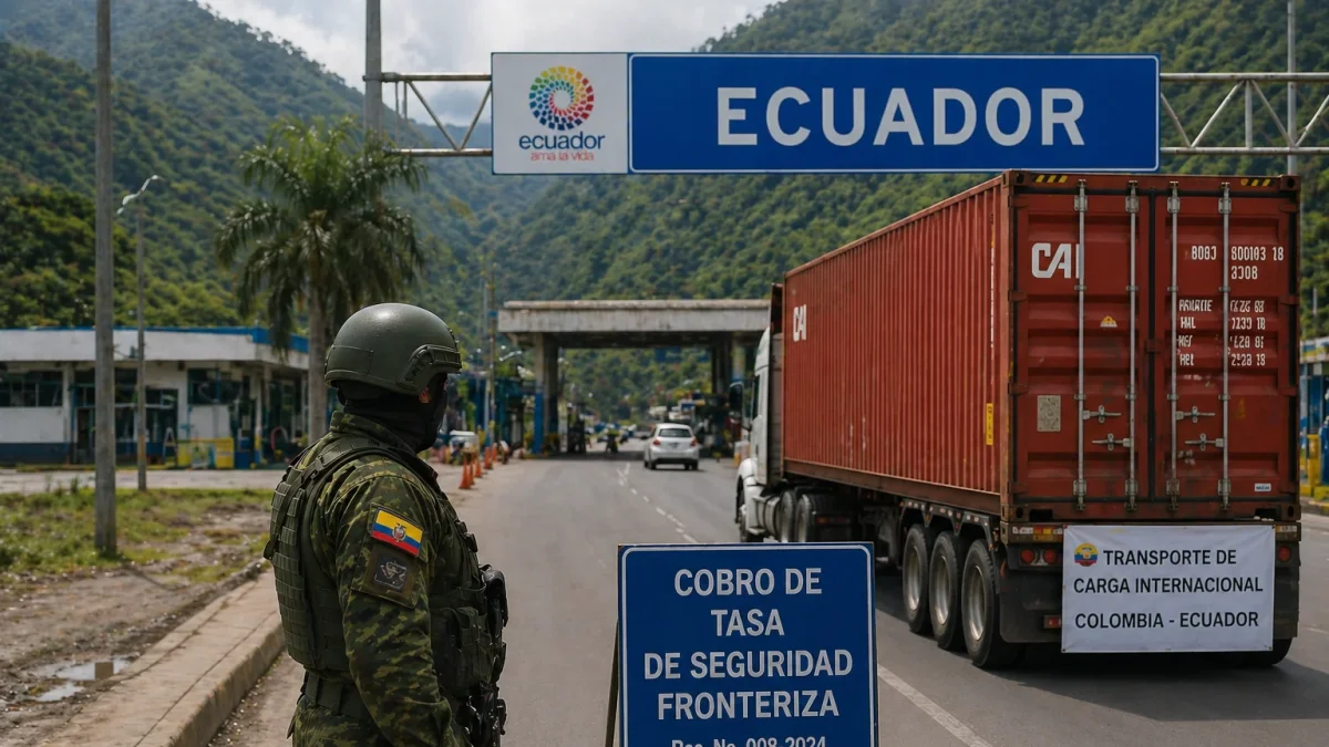 Una imagen creada con IA sobre la actividad comercial de Ecuador y Colombia y el cobro de la tasa de seguridad.