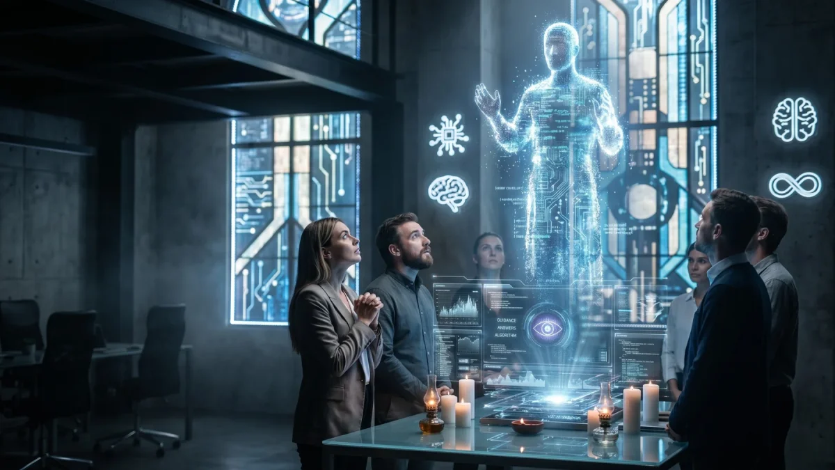 Usuarios trabajan guiados por una interfaz de inteligencia artificial, en una escena que refleja la creciente dependencia tecnológica en la toma de decisiones.