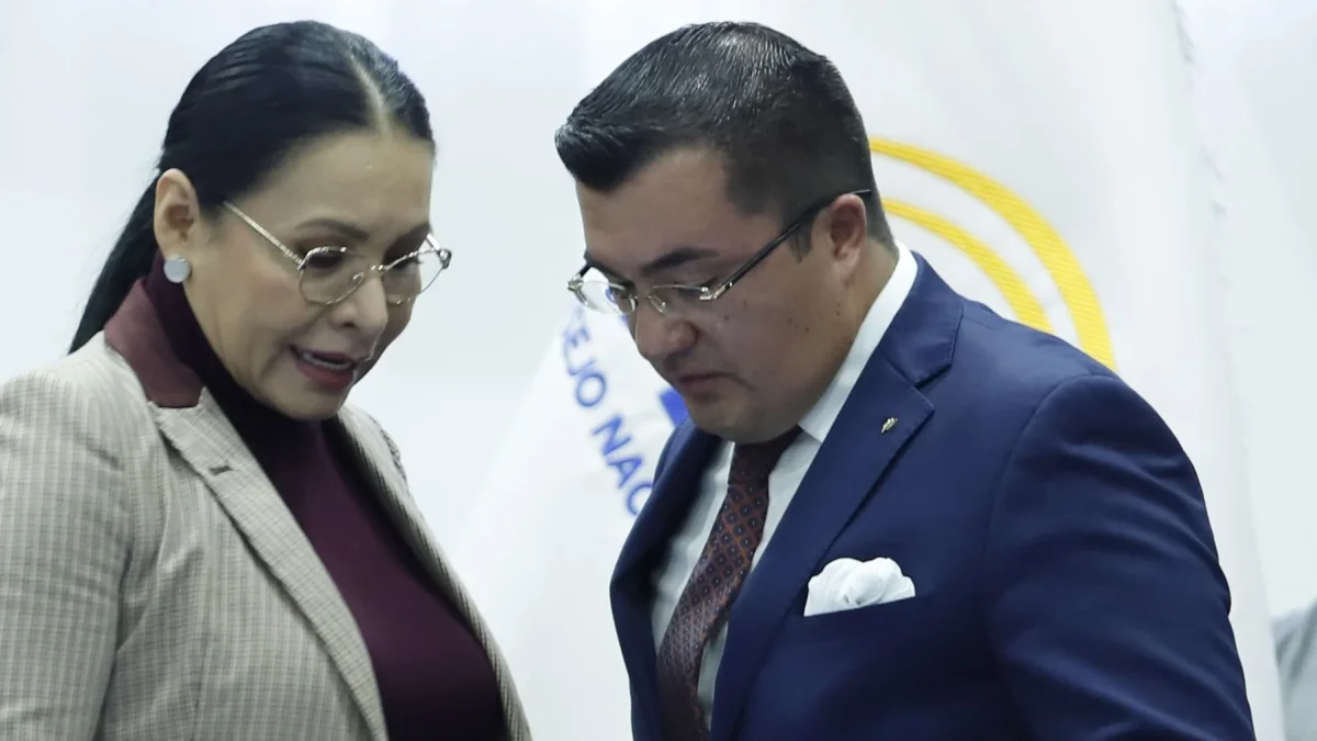 Diana Atamaint, presidenta de la CNE, junto a uno de los vocales.