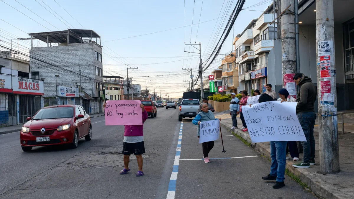 Moradores y comerciantes de Cumbayá protestan por la eliminación de estacionamientos en la calle María Angélica Idrobo.