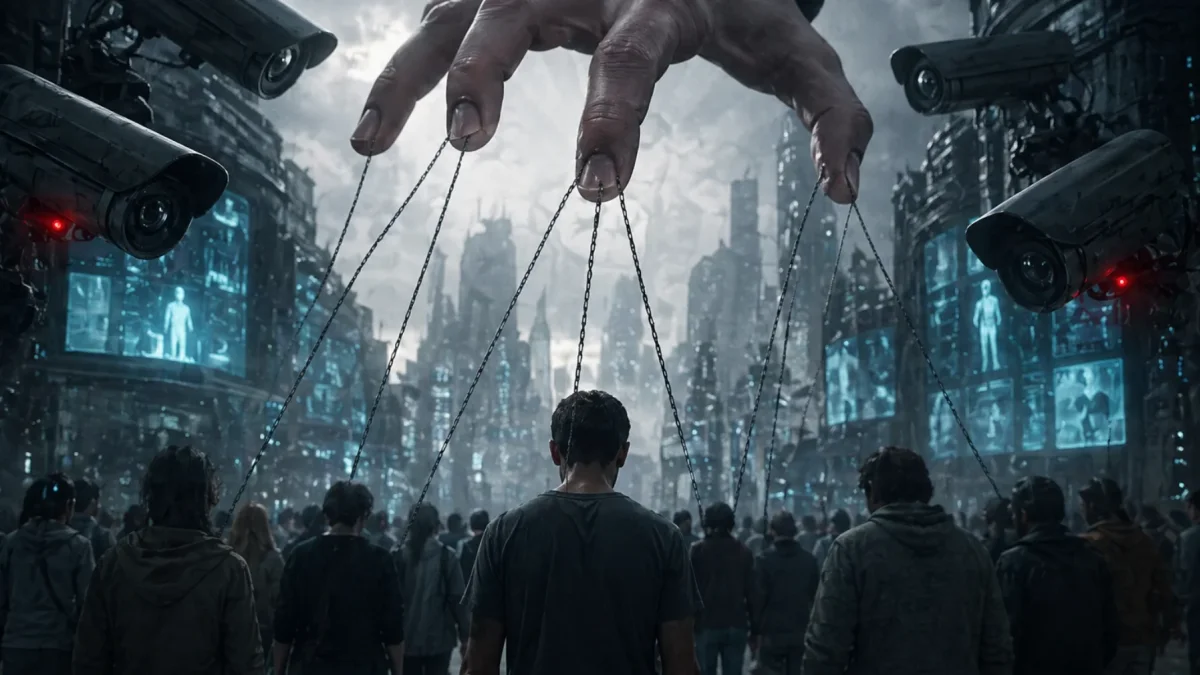 Ciudadanos bajo vigilancia y control en un entorno tecnocrático dominado por sistemas de poder invisibles.
