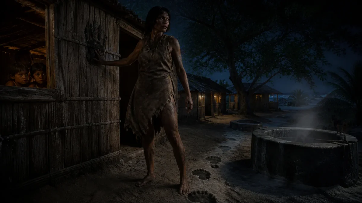 La figura de “La Mujer Grandota” acecha la noche en una recreación visual de la leyenda de Santa Elena.
