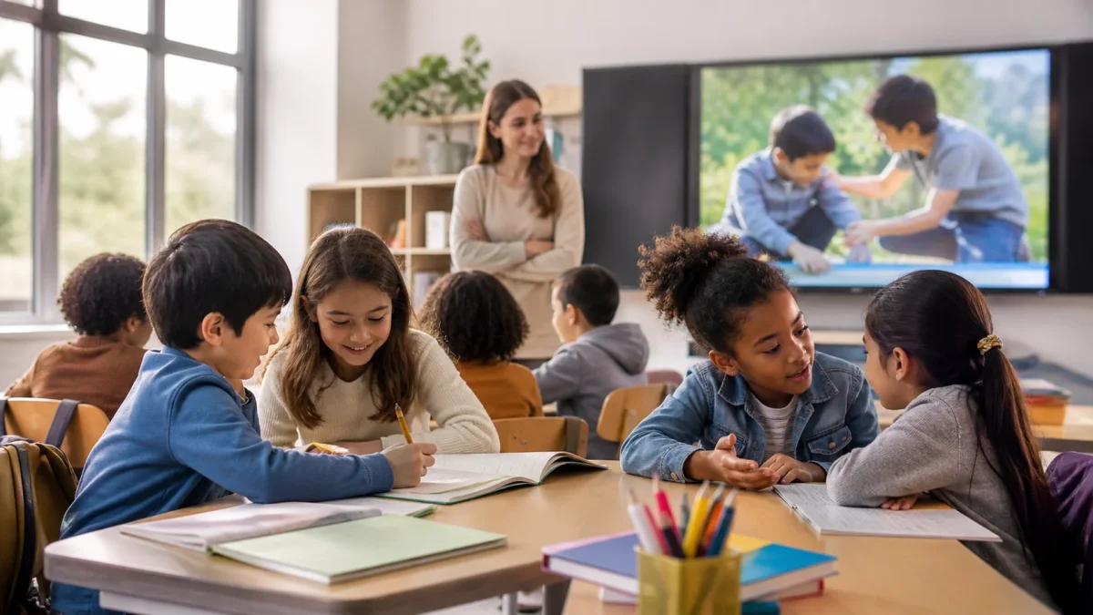 Niños interactúan de forma colaborativa en el aula mientras una docente guía el aprendizaje basado en valores.