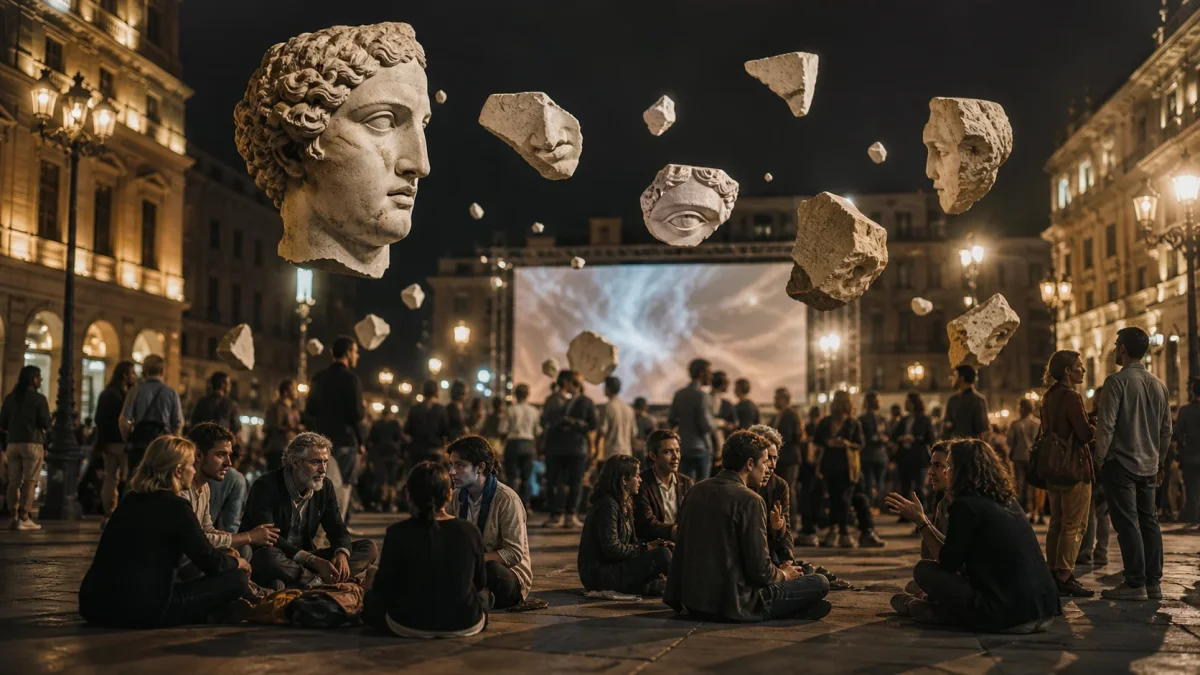 Ciudadanos participan en un encuentro nocturno de reflexión filosófica, en un entorno que evoca el diálogo y la reconstrucción de ideas en tiempos de fragmentación.