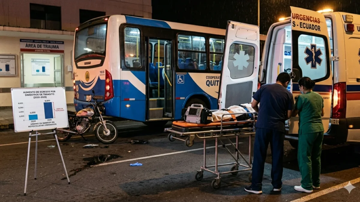 Imagen para simbolizar heridos en siniestro de tránsito llegando al área de emergencias de hospitales en Ecuador, con con Google Gemini.