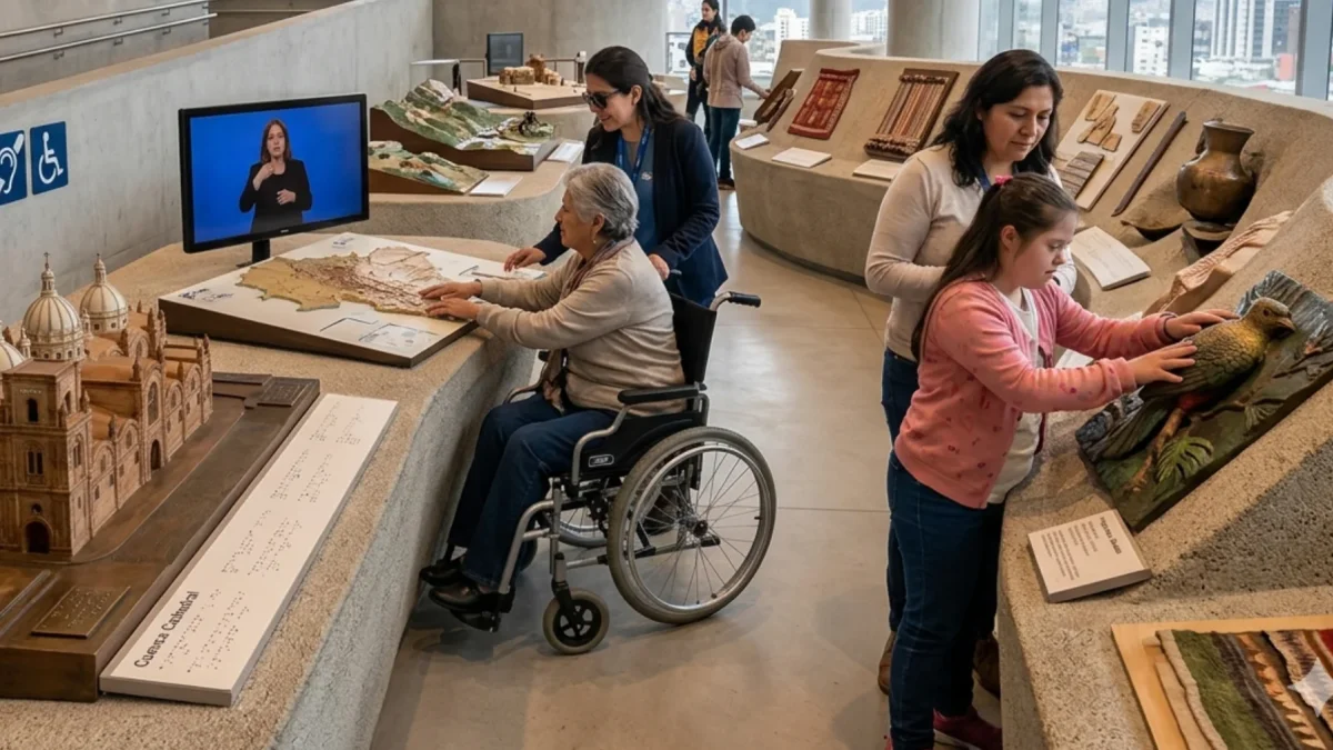 Una persona que utiliza silla de ruedas interactúa con una maqueta táctil de una catedral en un museo moderno y luminoso