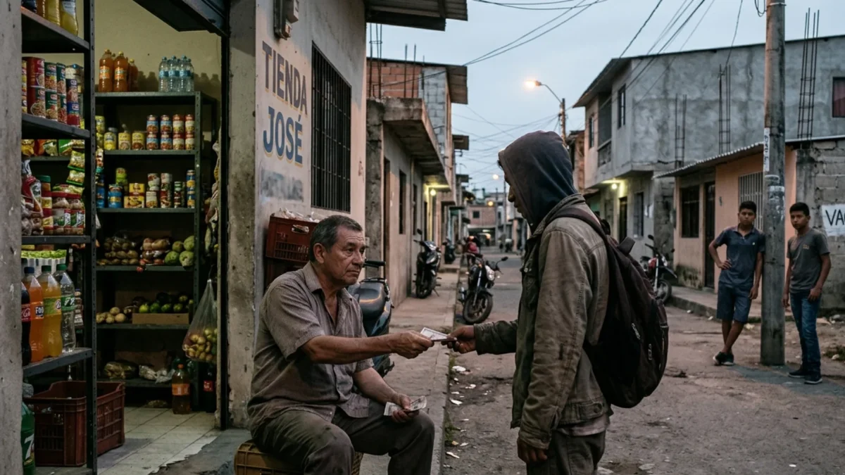 Un tendero local entrega dinero en efectivo a un joven enmascarado en una calle.