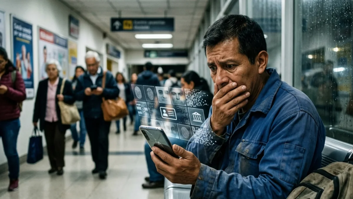 Un ciudadano observa con angustia cómo sus datos biométricos —huellas dactilares y rasgos faciales— se desvanecen en un entorno digital inseguro.