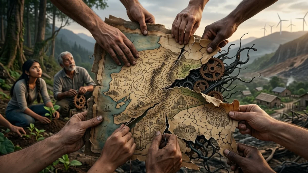 Varias manos trabajan unidas para restaurar un mapa fragmentado, simbolizando la reconstrucción del tejido social y la resistencia ética frente a las fuerzas que buscan convertir el territorio en un objeto de explotación.
