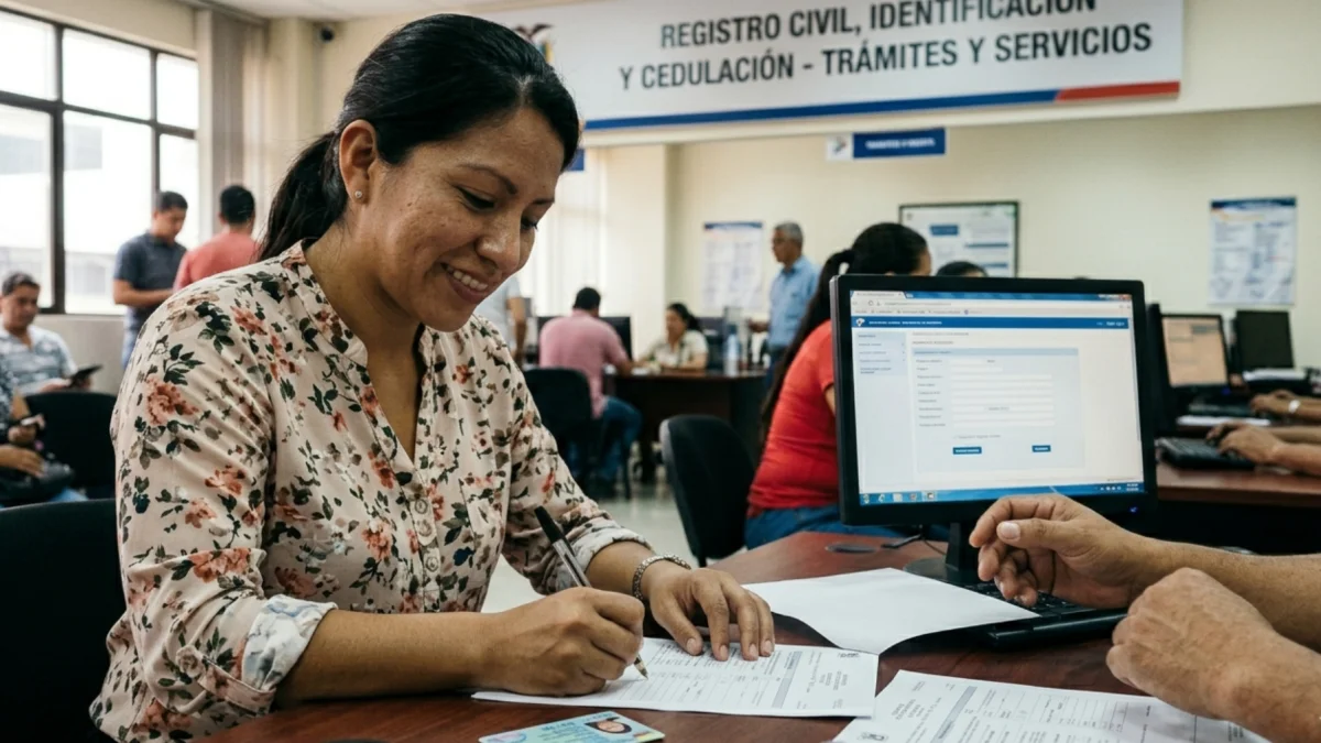 Ciudadana realiza trámites en una agencia del Registro Civil, donde se verifica la vigencia de la cédula.