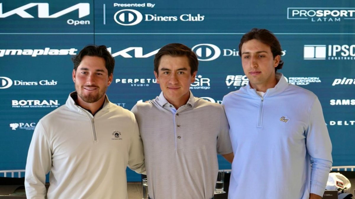 Renato Naula (i), Felipe Garcés (c) y Philippe Thorin son los golfistas ecuatorianos, que participarán en el torneo..