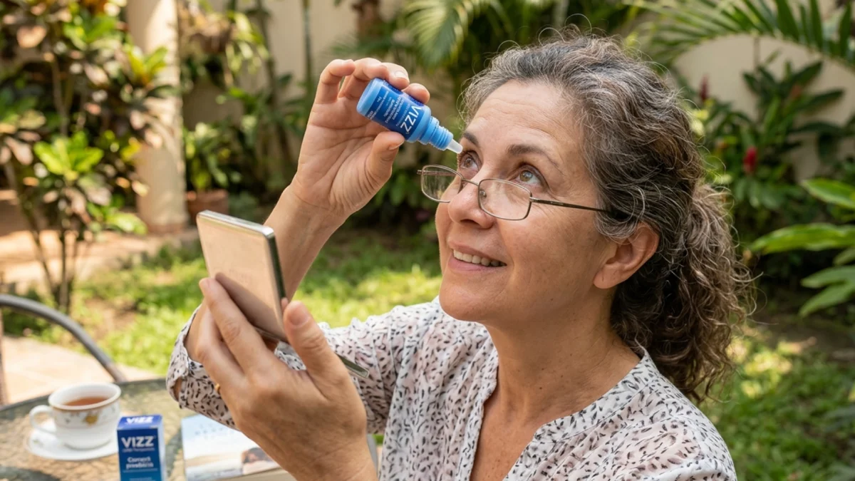 Un usuario aplica gotas VIZZ, el tratamiento que busca reemplazar los lentes de lectura.
