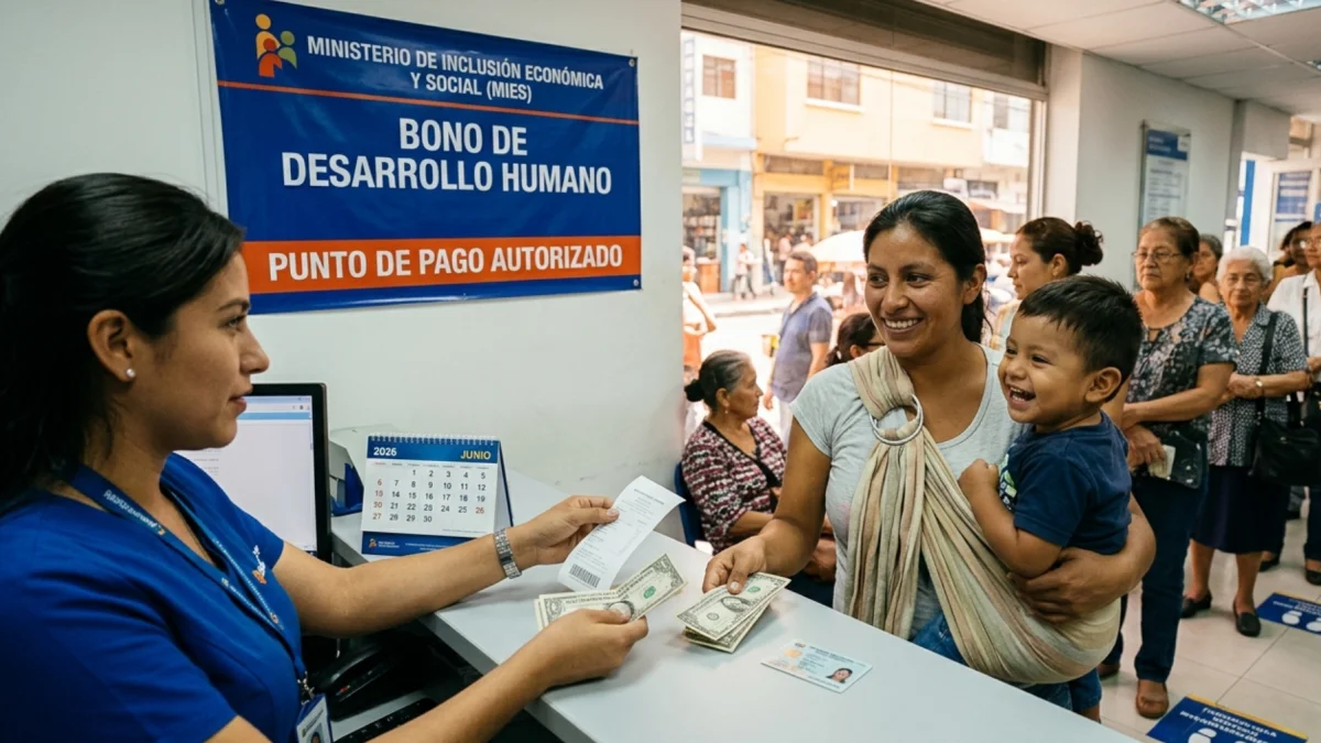 Entrega del Bono de Desarrollo Humano en un punto autorizado del MIES, junio de 2026.