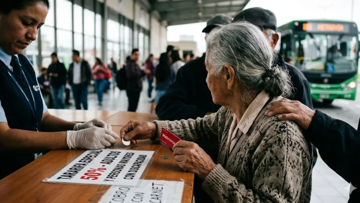 Imagen simbólica de una adulta mayor comprando boletos con el descuento.