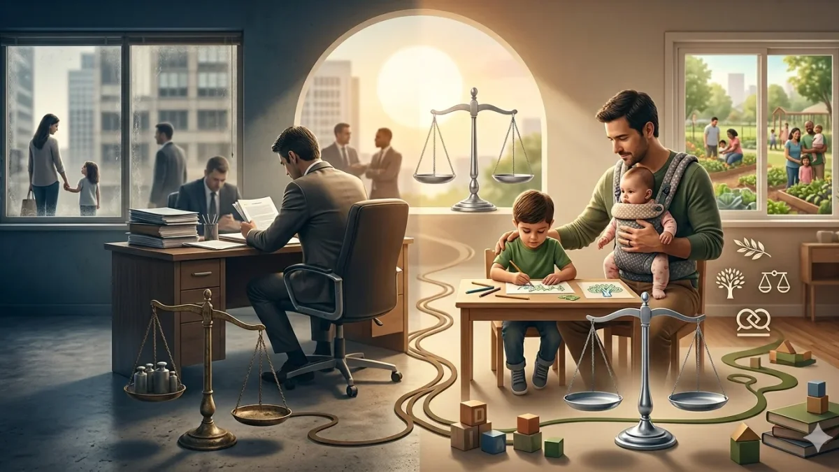 Una representación visual que contrasta el modelo de trabajo tradicional con la integración de la vida familiar