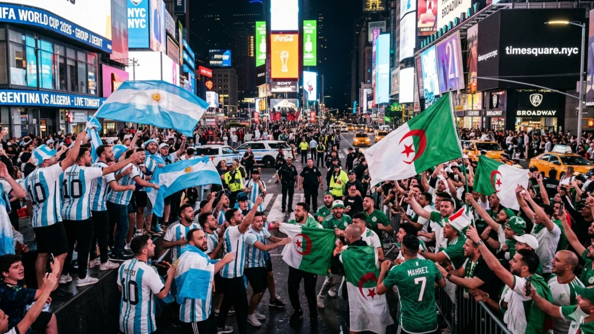 Referencial.Hinchas de Argentina y Argelia se concentran en Times Square, en la previa del debut mundialista.