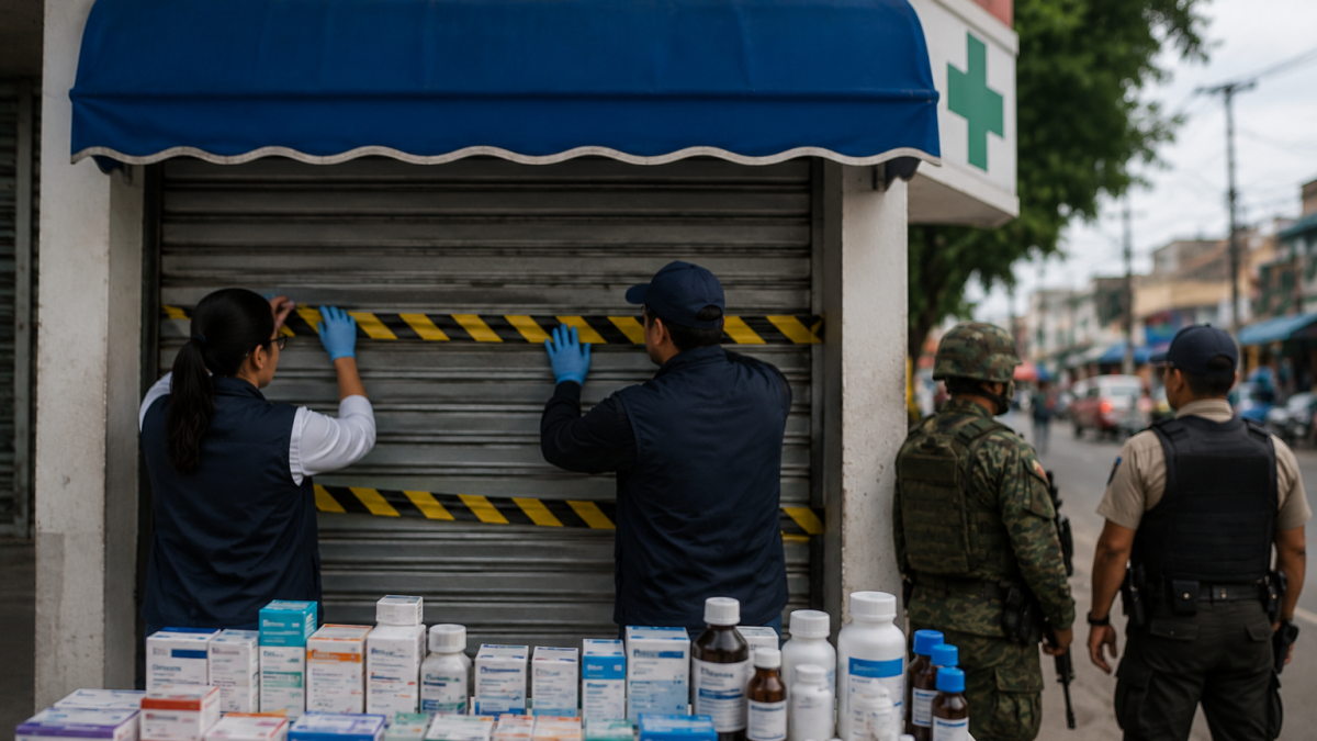 Imagen generada por IA en torno al control de Arcsa que deja una farmacia clausurada.