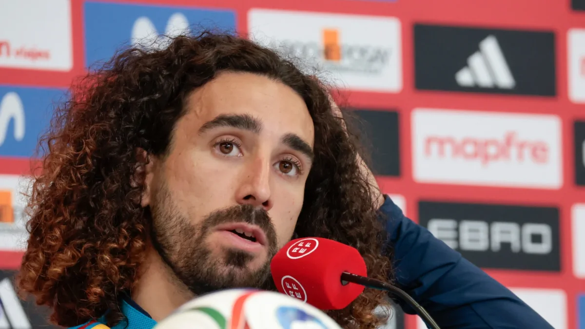 El defensa de la selección española Marc Cucurella durante la rueda de prensa tras el entrenamiento del equipo.