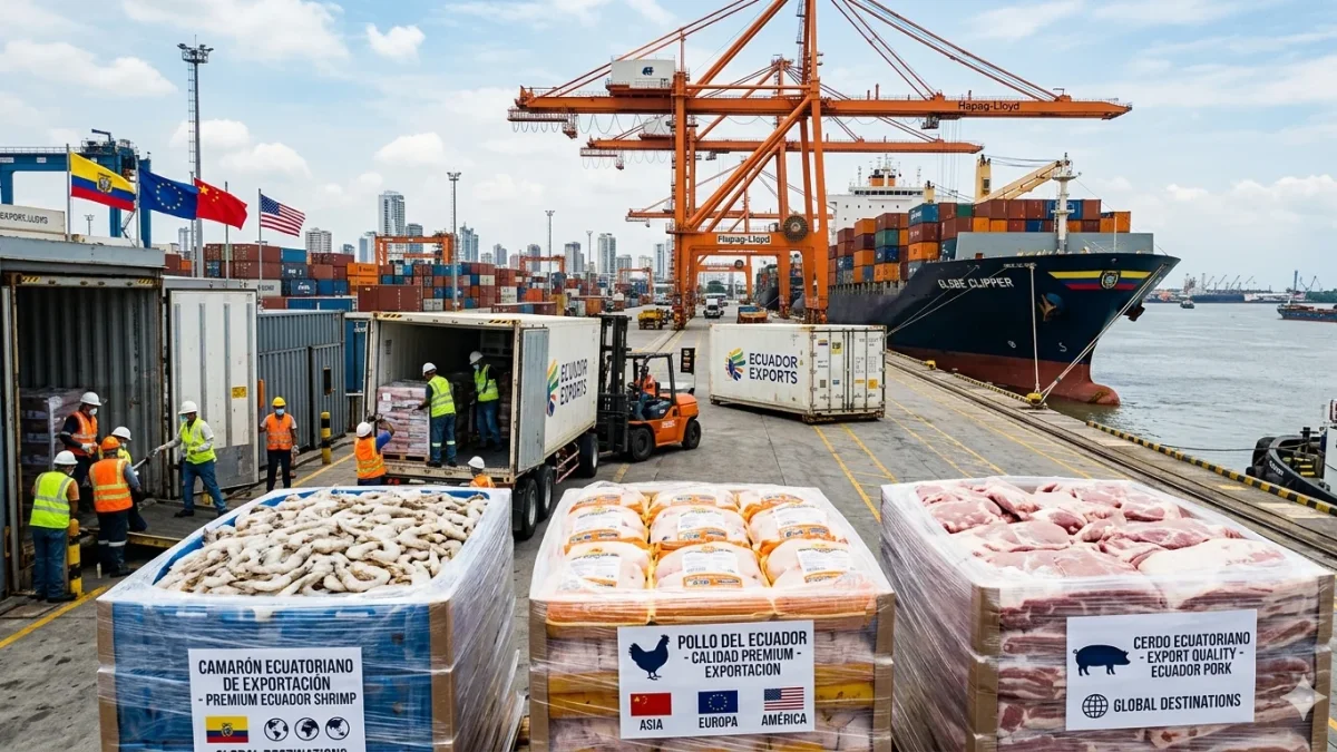 Una foto referencial sobre las exportaciones de pollo, camarón y cerdo.