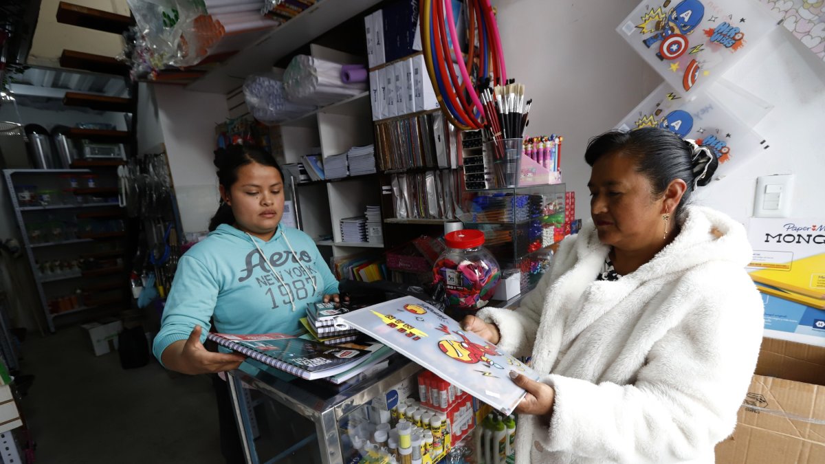 Madre de familia compara precios de útiles escolares en la Sierra ecuatoriana.