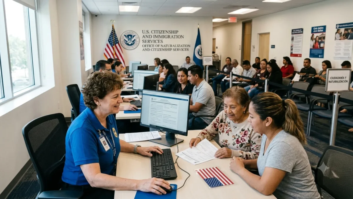 Personas cumplen trámites en el Servicio de Ciudadanía e Inmigración de Estados Unidos (USCIS).