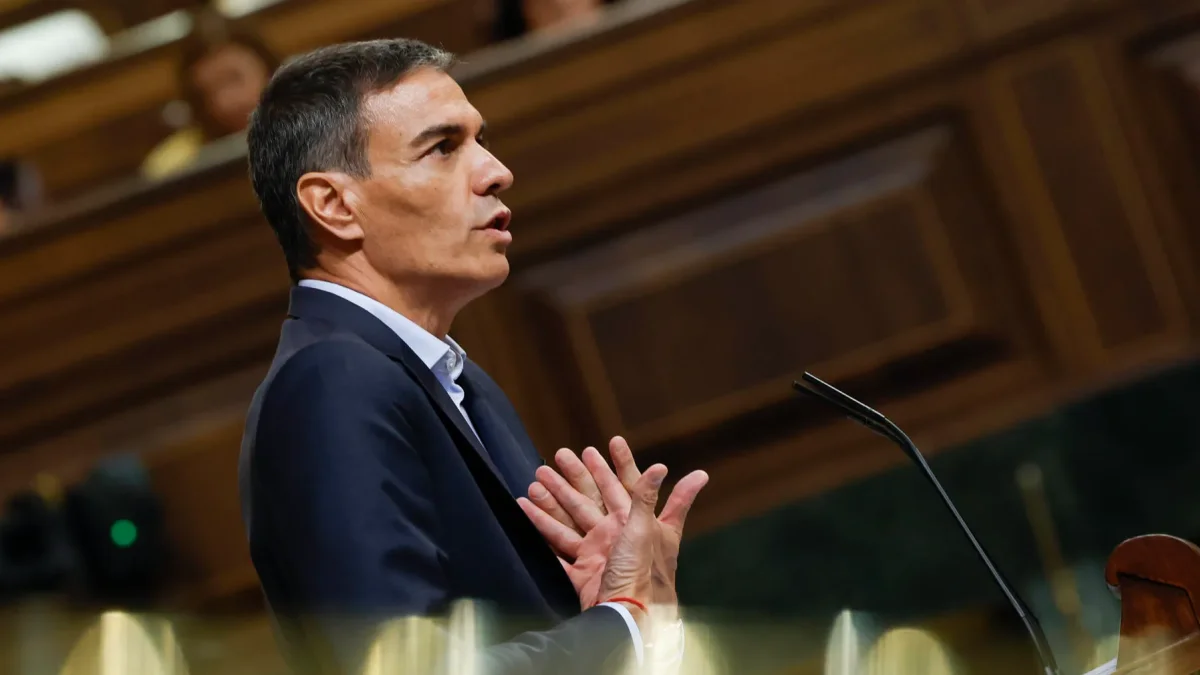 El presidente del Gobierno español, Pedro Sánchez, durante su alegato final a los grupos opositores este miércoles en el Congreso de los Diputados en Madrid.