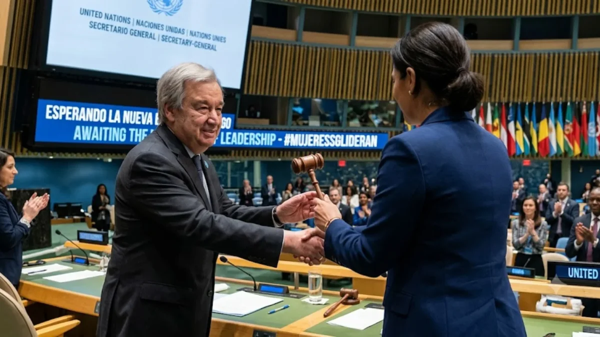 Foto creada con IA, de António Guterres, entregando la posta a una mujer, para dirigir la ONU.