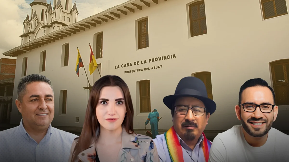 Referencial.Imagen de los precandidatos a la Prefectura del Azuay, frente a la sede institucional, rumbo a las elecciones seccionales de 2026.