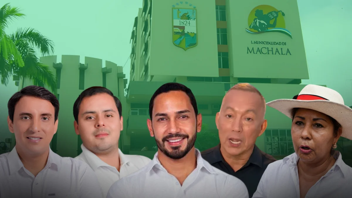 Imagen de los precandidatos a la Alcaldía de Machala, frente a la sede municipal, en el inicio de la contienda rumbo a las elecciones seccionales de 2026.