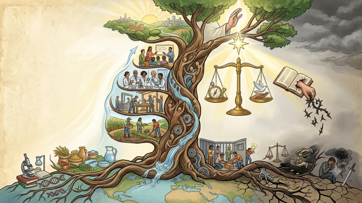 Una representación alegórica de cómo la ciencia, la educación, el trabajo y la justicia nutren el desarrollo y el bien común