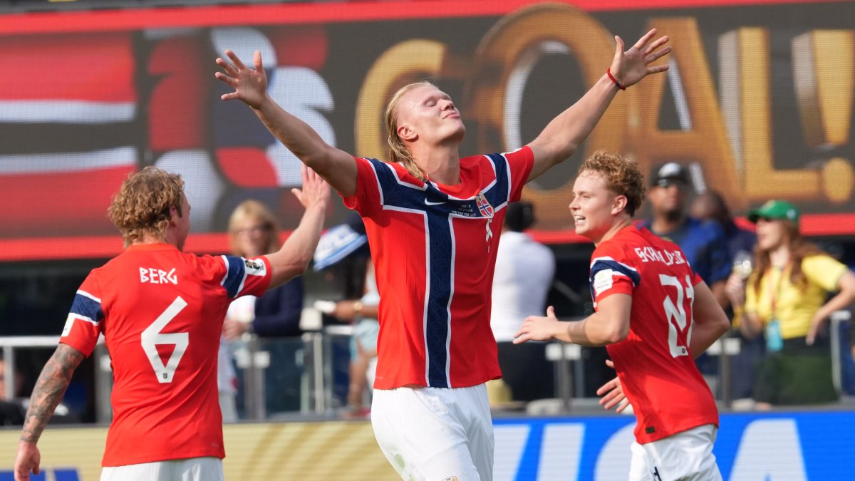 Erling Haaland celebra un gol por los octavos de final del Mundial de la FIFA 2026 entre Brasil y Noruega en el estadio MetLife en Nueva Jersey (Estados Unidos). EFE/ Angel Colmenares