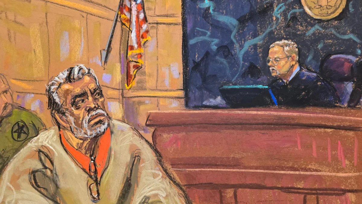 Dibujo de Jane Rosenberg del juez Brian Cogan frente a Ismael ‘el Mayo’ Zambada en el Tribunal Federal de Brooklyn, Nueva York.