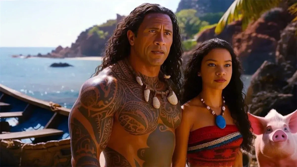 La recién estrenada actriz australiana Catherine Laga’aia, en el papel de Moana, y el corpulento Dwayne Johnson, La Roca, como Maui, protagonizan esta nueva entrega de Disney.