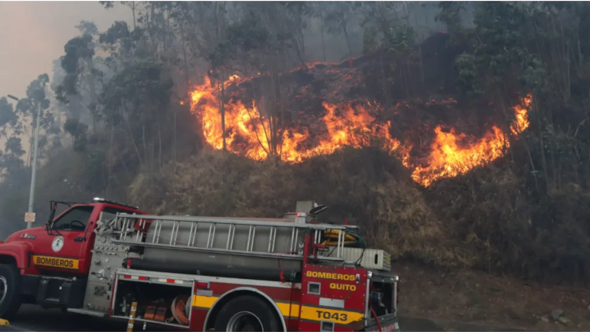 Bomberos sofocan incendio en la avenida Simón Bolívar y túnel Guayasamín, en Quito, en 2024.