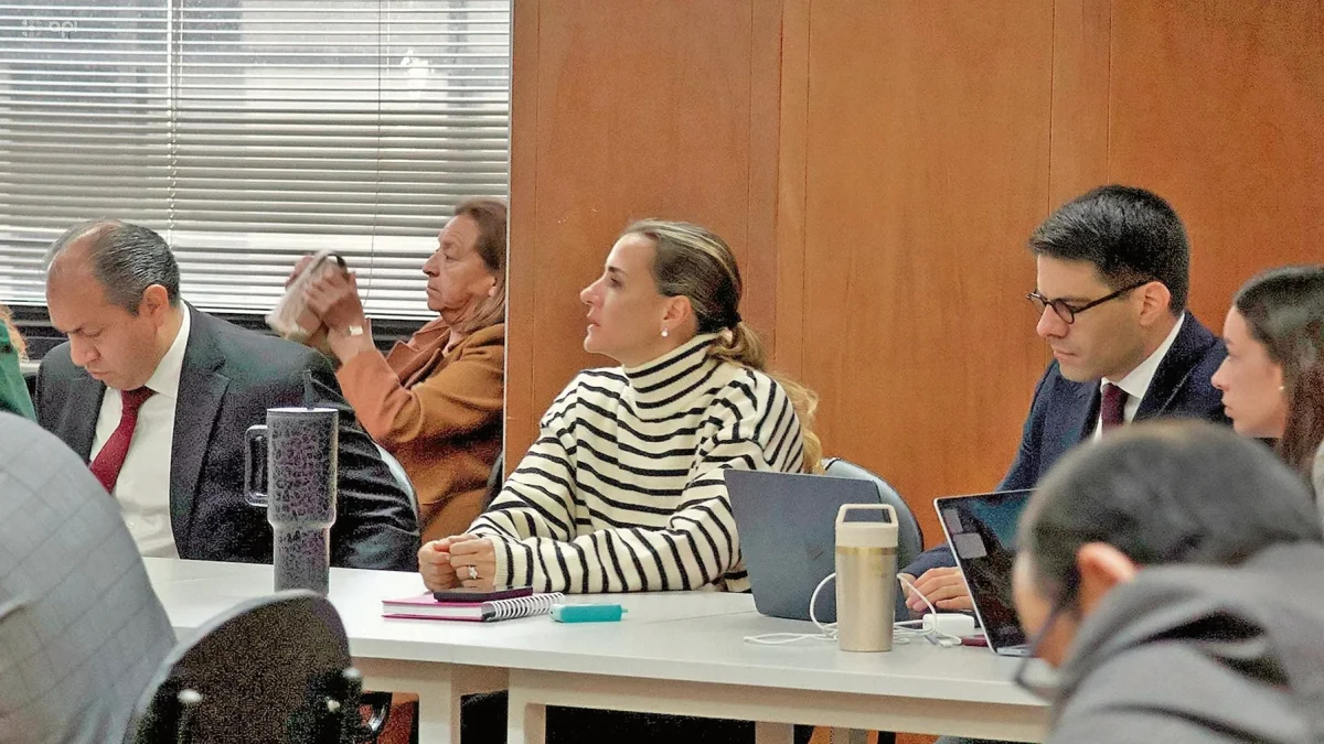 Priscila Burneo junto a su abogado defensor, Felipe Rodríguez, en uno de los días de la audiencia de juicio por el caso Sinohydro.