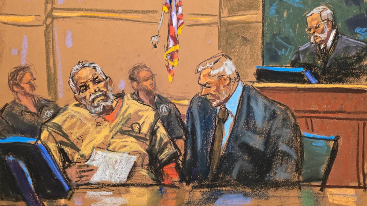 Representación gráfica de Ismael 'El Mayo' Zambada durante una audiencia en Estados Unidos.