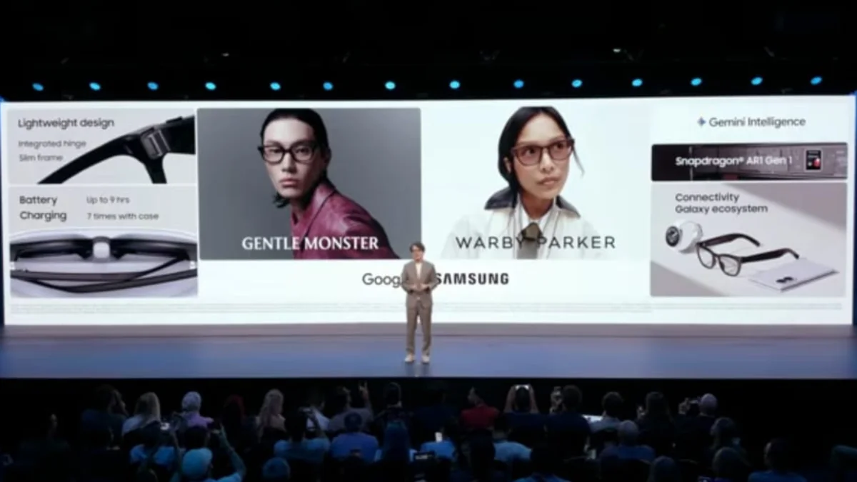 Presentación en escenario de las nuevas gafas inteligentes de Samsung, desarrolladas junto a Google, como parte del ecosistema Galaxy.