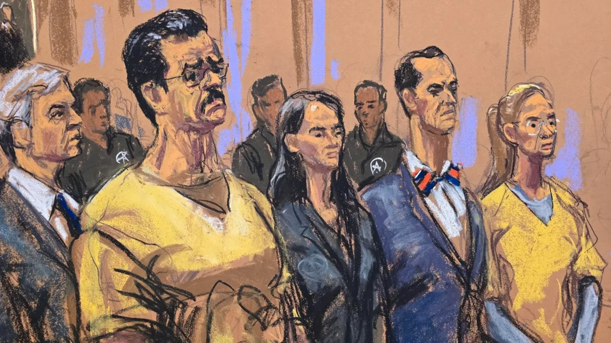Dibujo realizado por Jane Rosenberg donde aparecen el expresidente de Venezuela, Nicolás Maduro, y su esposa Cilia Flores asistiendo a una audiencia en Nueva York (Estados Unidos).