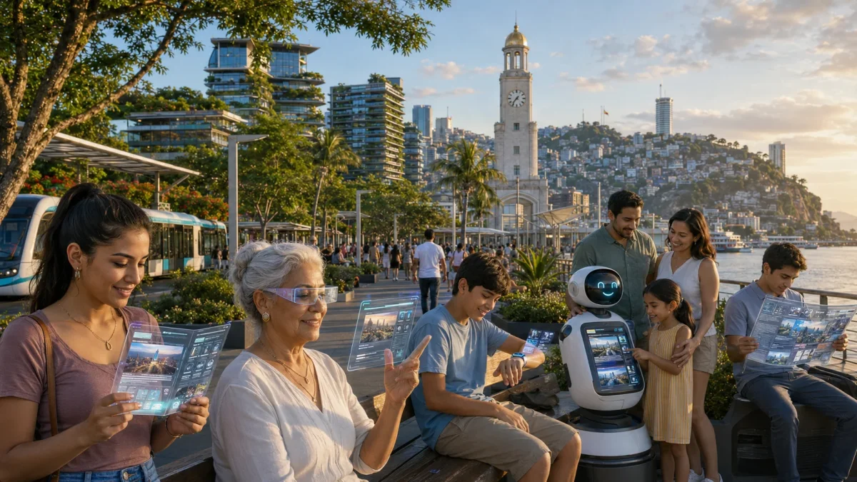 Así imaginamos a los guayaquileños dentro de 53 años: informándose mediante gafas inteligentes, pulseras holográficas, pantallas flexibles y robots, en una ciudad más segura, verde y conectada.