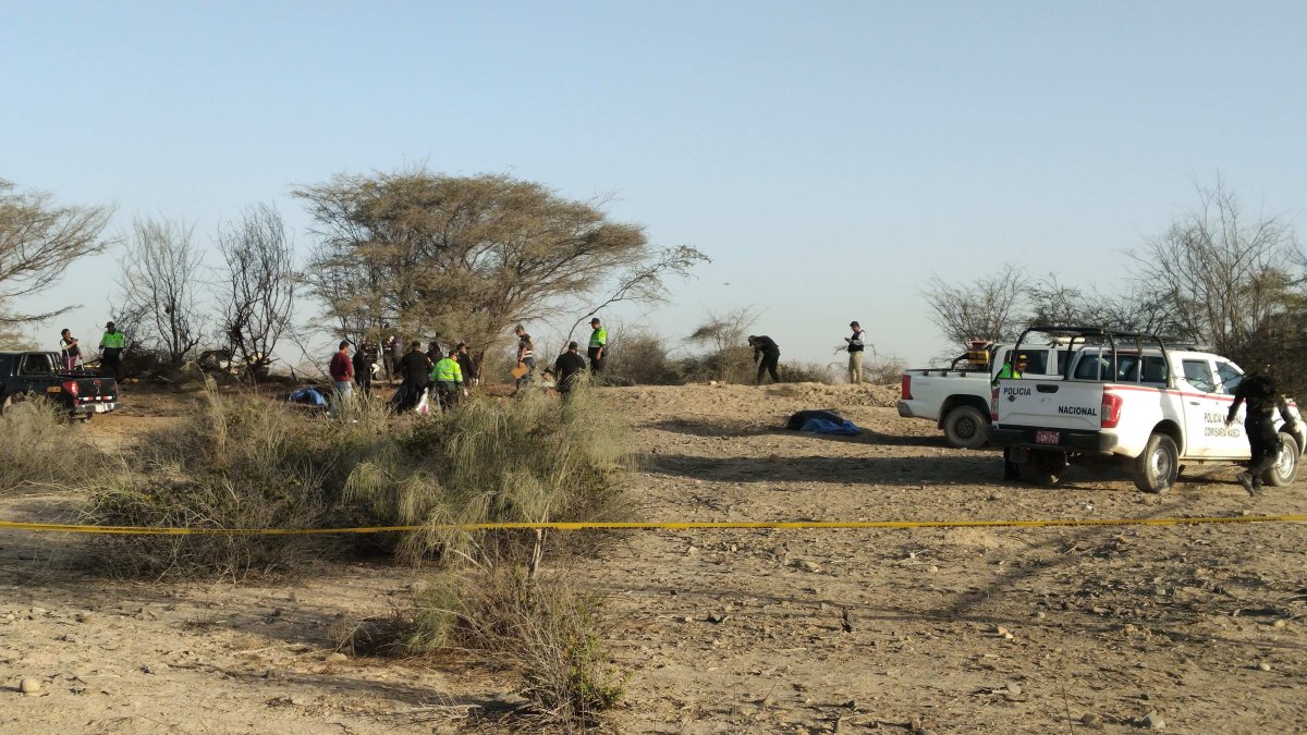 Integrantes la Policía de Perú operan en la zona donde una avioneta que sobrevolaba sobre las Líneas de Nazca se estrelló y dejó 13 personas fallecidas.
