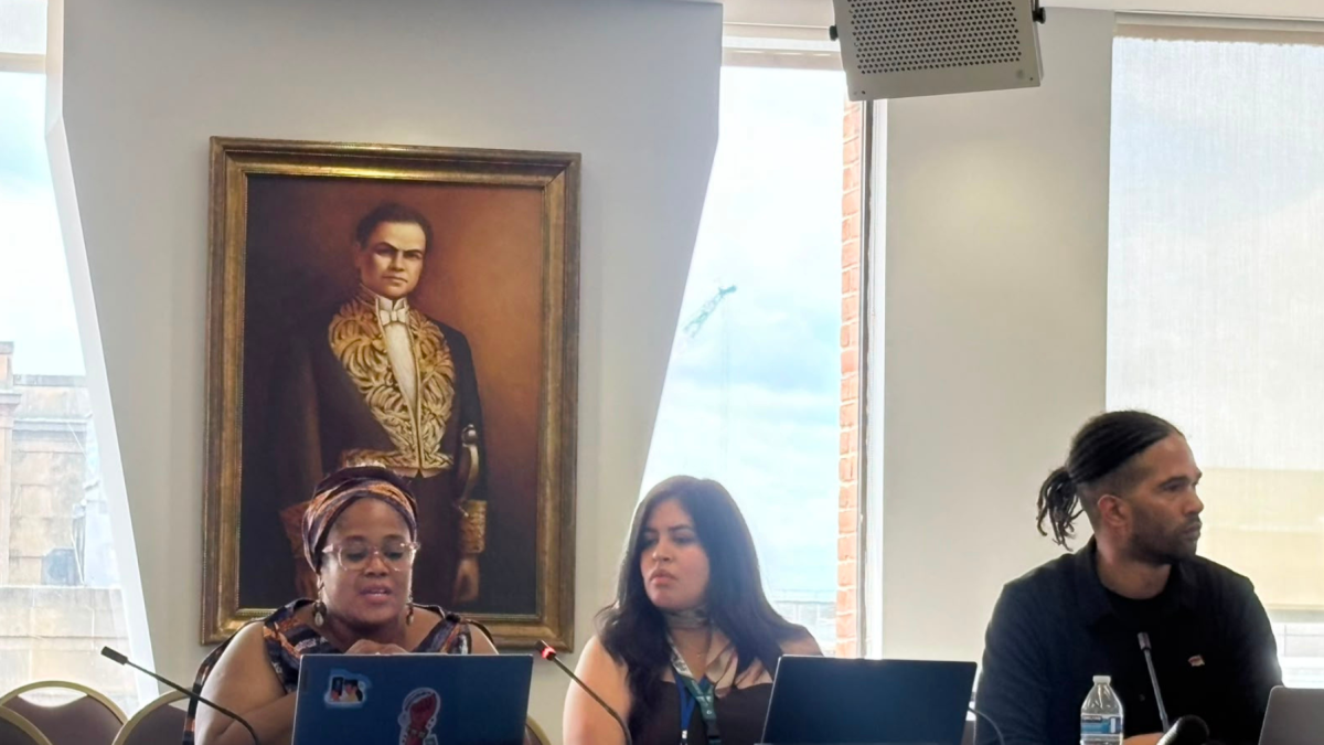 En el 196 período de sesiones de la CIDH, delegados de Ecuador hablaron sobre políticas de seguridad y derechos humanos. En los extremos Juanita Francis y Jimmy Ocles.