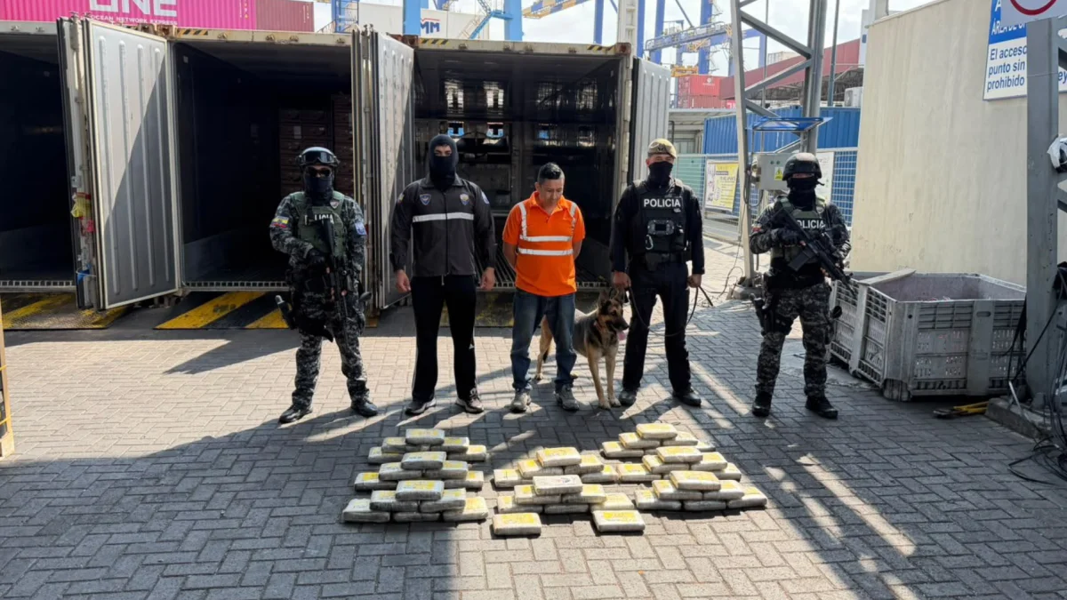 Agentes policiales inspeccionan un contenedor en el puerto de Guayaquil, donde se hallaron 50 bloques de cocaína ocultos entre la carga de fruta.