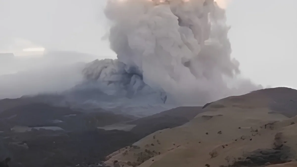 El volcán presenta expulsión de cenizas y emisión de gases.
