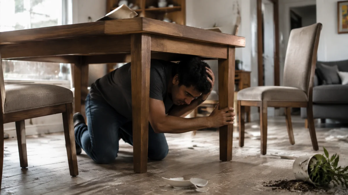 Una persona se protege bajo una mesa durante un sismo, siguiendo las recomendaciones básicas de seguridad.