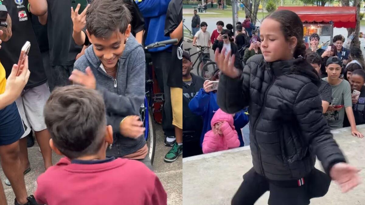 Jóvenes participan en un campeonato de farmear aura en Brasil, donde el público elige al ganador por sus bailes, poses y gestos.
