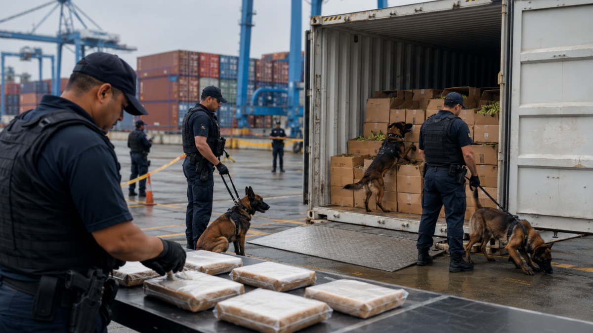 Policías inspeccionan un contenedor en el puerto de Guayaquil, donde hallaron 1,2 toneladas de cocaína ocultas en cargamentos de banano con destino a España.