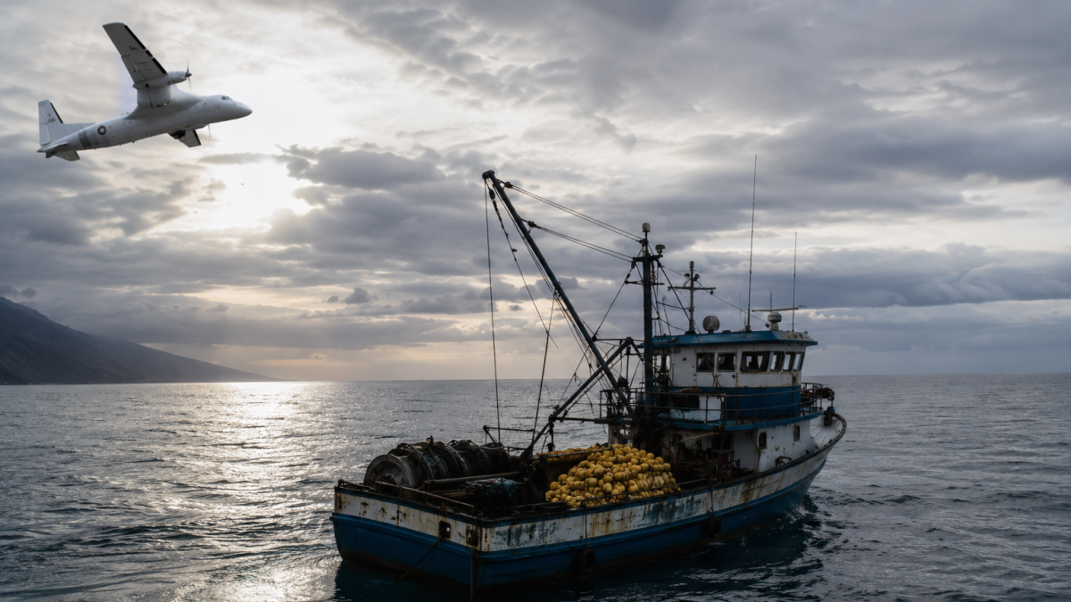 Un avión de patrulla sobrevuela un barco pesquero, en una recreación conceptual del caso Fiorella y las interrogantes sobre su desaparición.