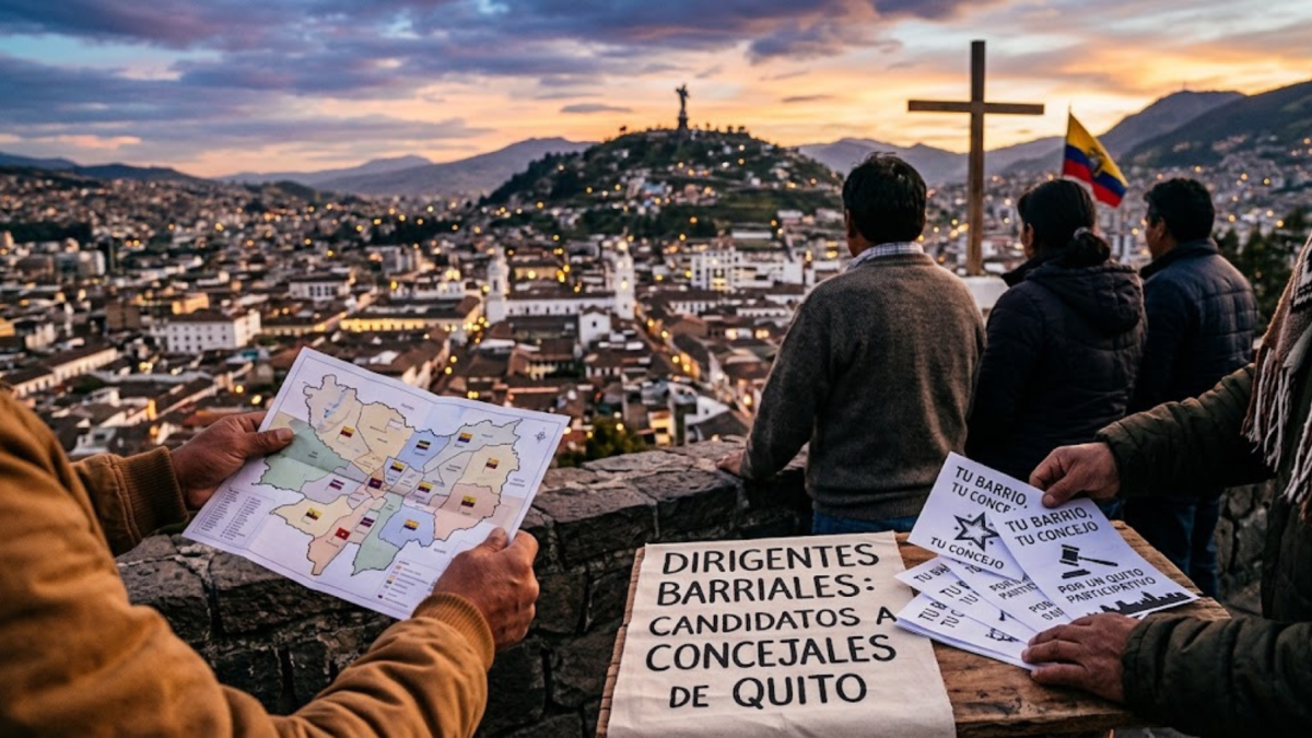 Una imagen representativa, generada con IA, sobre dirigentes barriales que son candidatos a concejales en Quito.